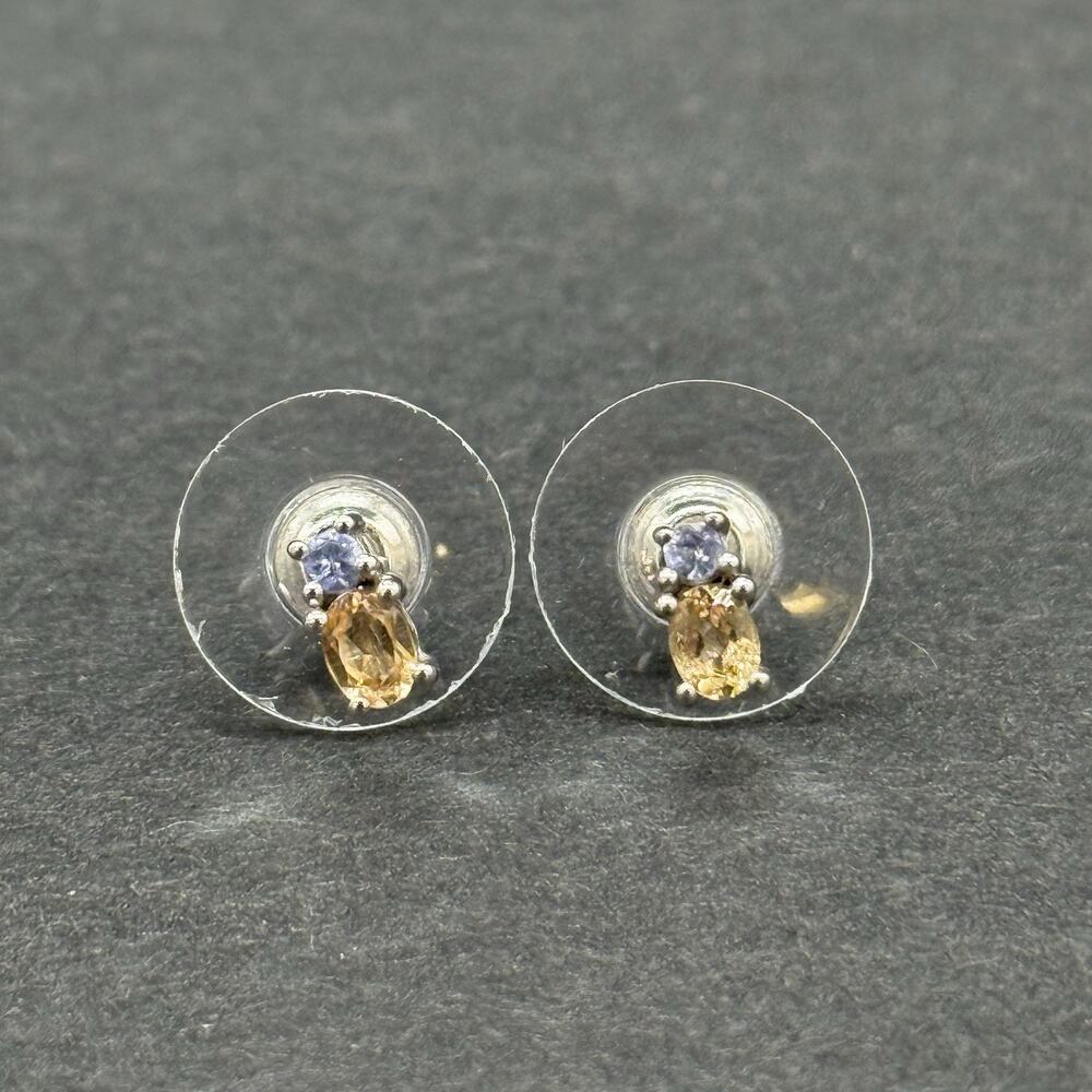 Silver Citrine Tanzanite Stud Earrings Oval Yellow Round Purple Gemstone Post